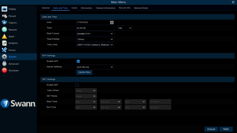 How do I set the date and time on my Swann Security system?