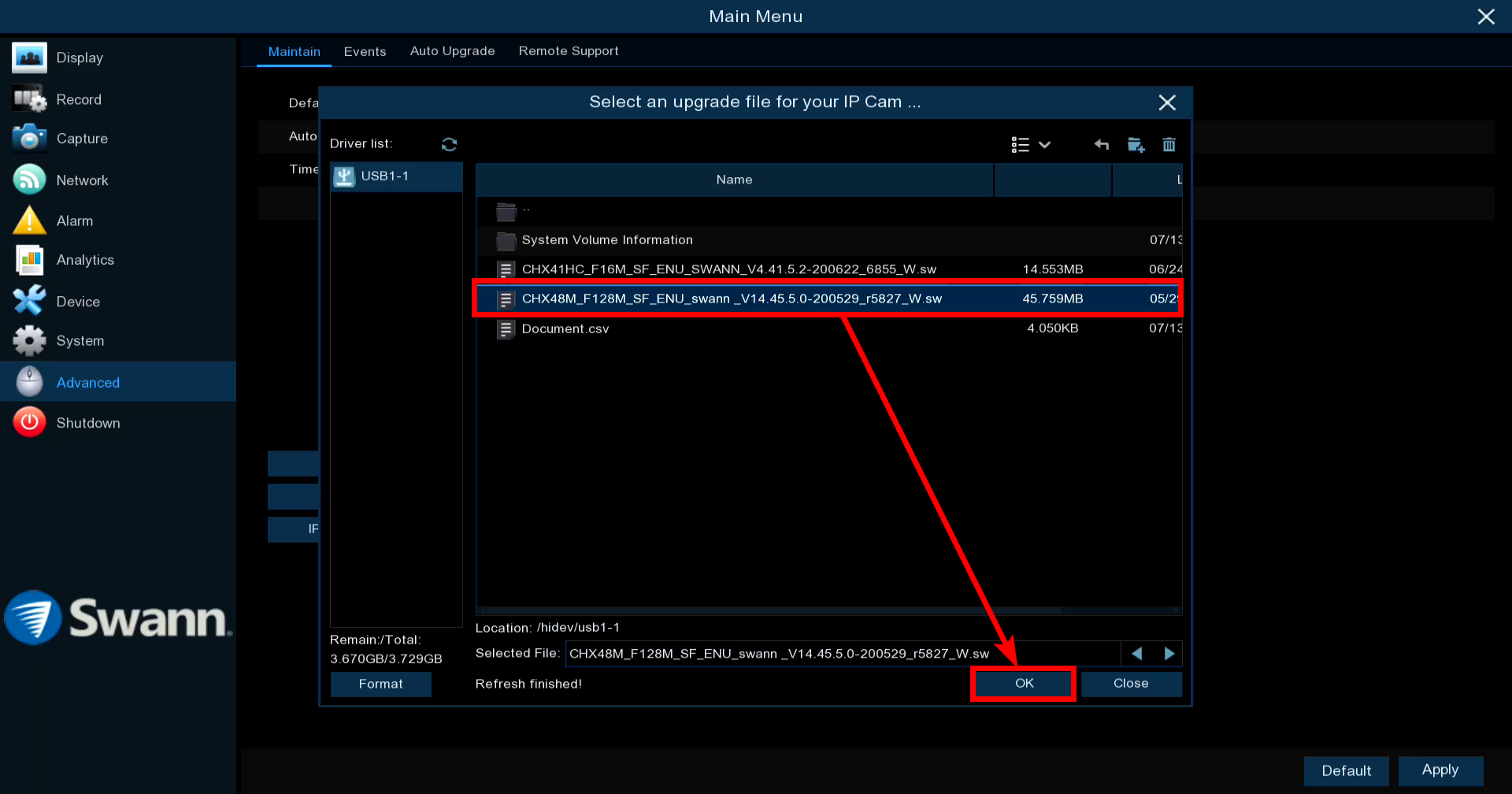 Select the firmware file then click OK