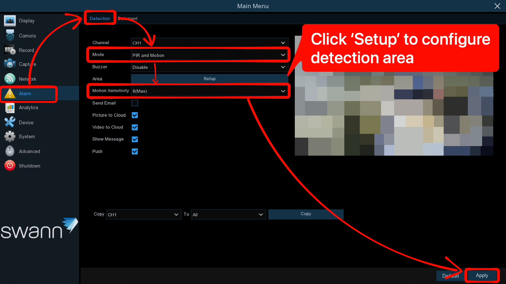 Menu > Alarm > Detection on NVW-800 User Interface