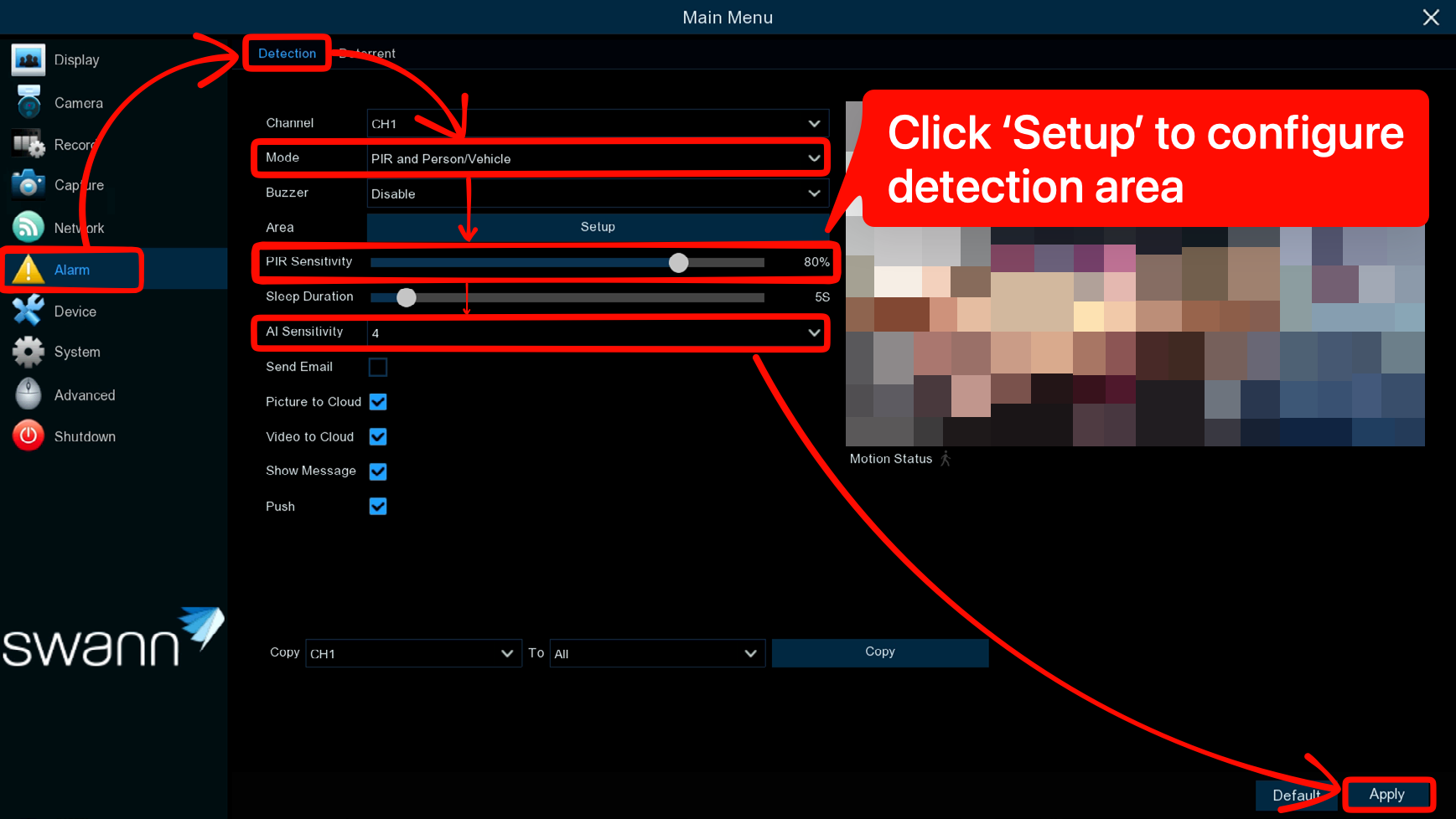 Menu > Alarm > Detection on NVW-MR4K Power Hub User Interface