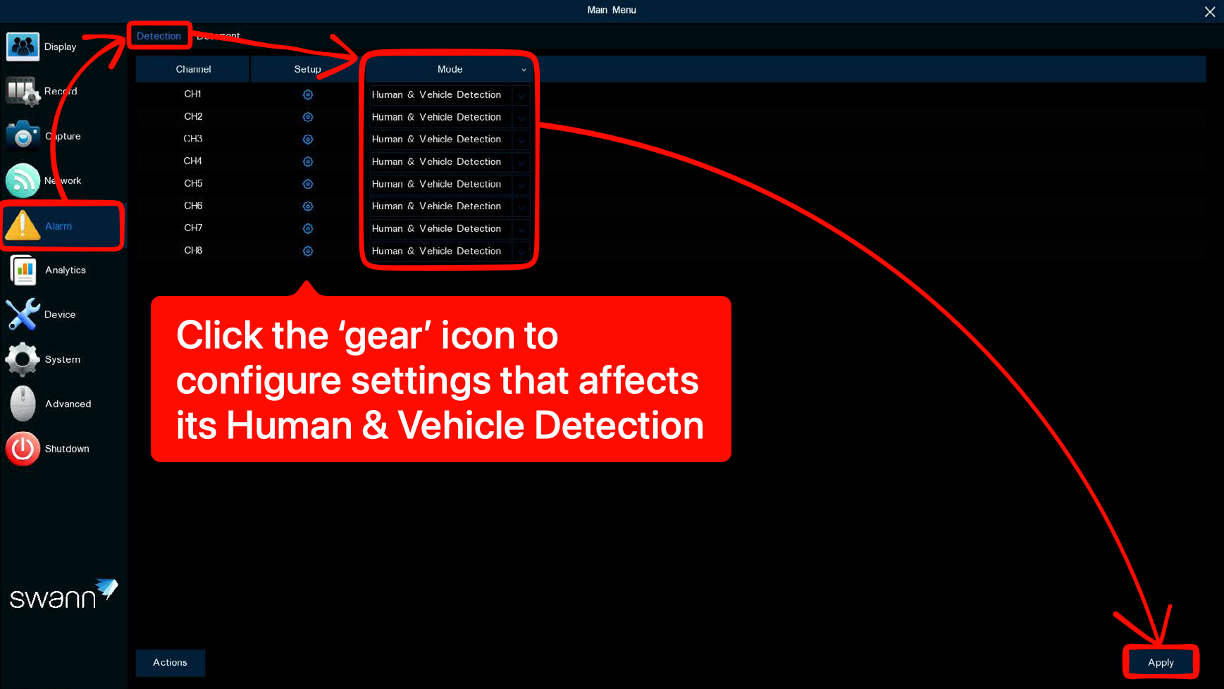 Menu > Alarm > Detection on AdvancedX™ User Interface
