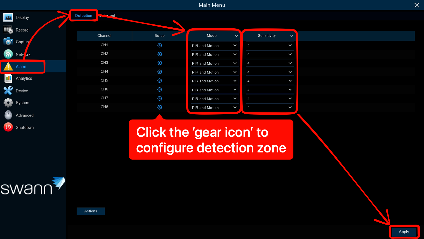 Menu > Alarm > Detection on DVR and NVR User Interface