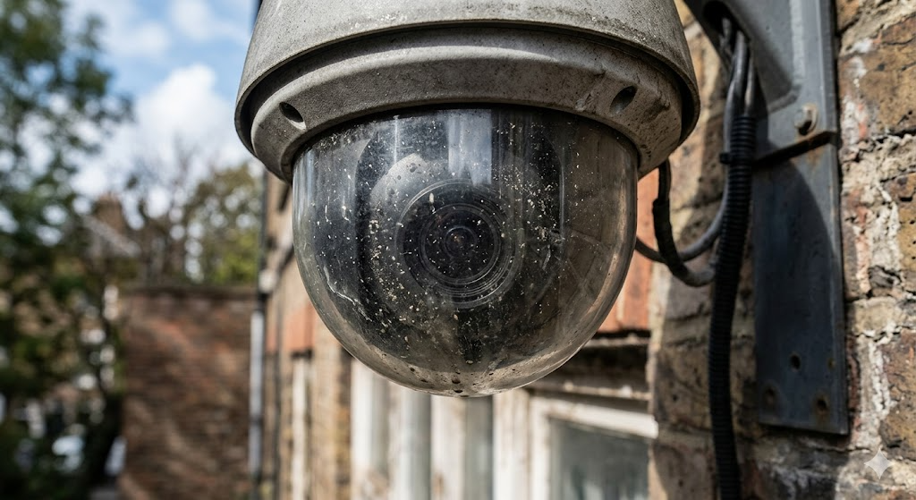 Generic CCTV camera with dusts covering the front view