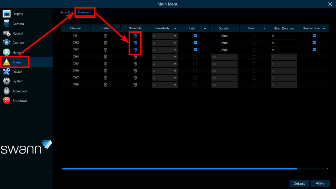 Menu > Alarm > Deterrent > Schedule