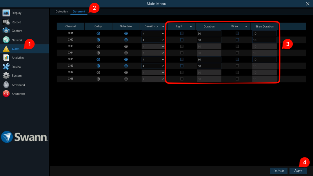 DVR Deterrent Settings
