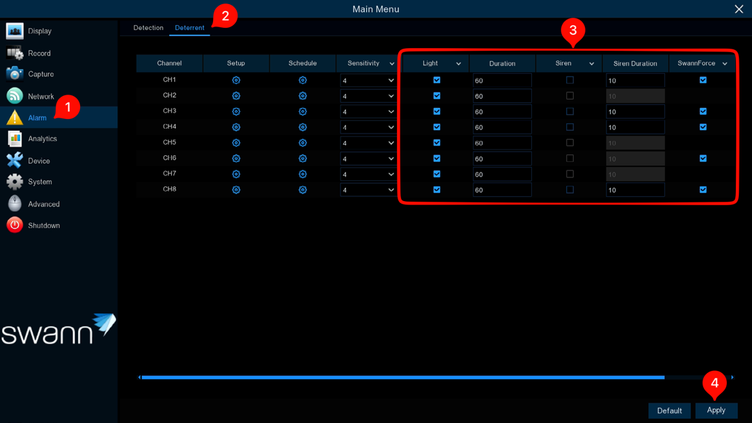 NVR Deterrent Settings