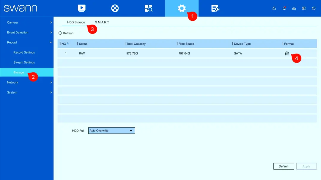 Configuration > Record > Storage > HDD Storage > Format