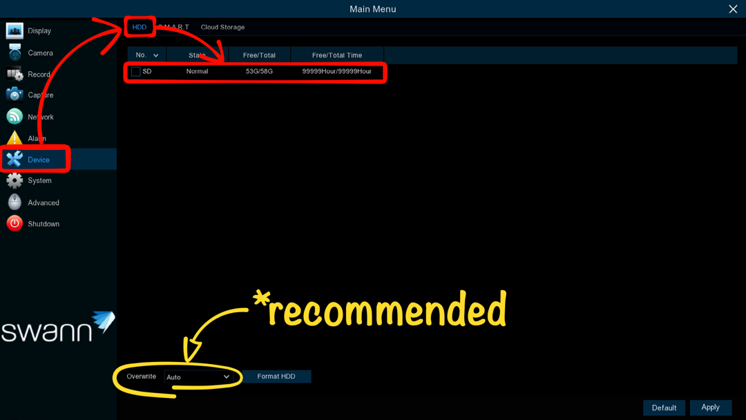 Menu > Device > HDD