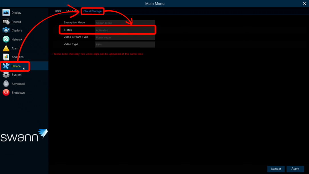 Cloud Storage Status (not applicable to Base Station and EliteX™)