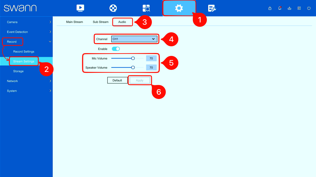 Configuration > Record > Stream Settings > Audio