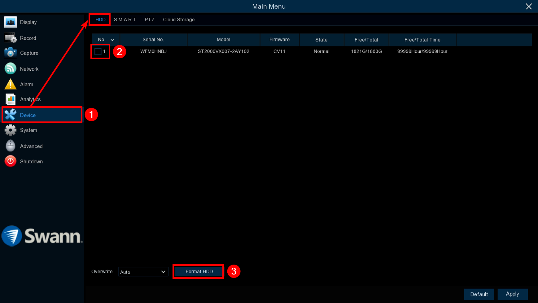 Format via Recorder's Menu > Device > HDD